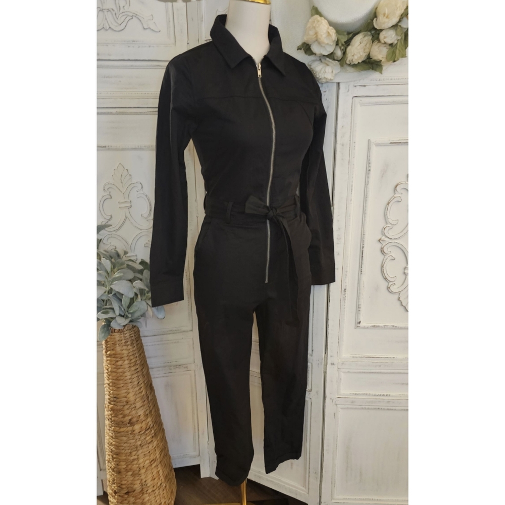 Aqua Black Zip Cotton Slim Leg Long Sleeves Utility Jumpsuit